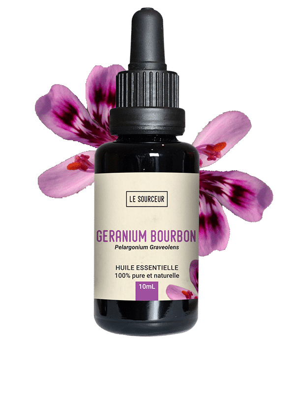 Flacon d'huile essentielle avec du Géranium Bourbon
