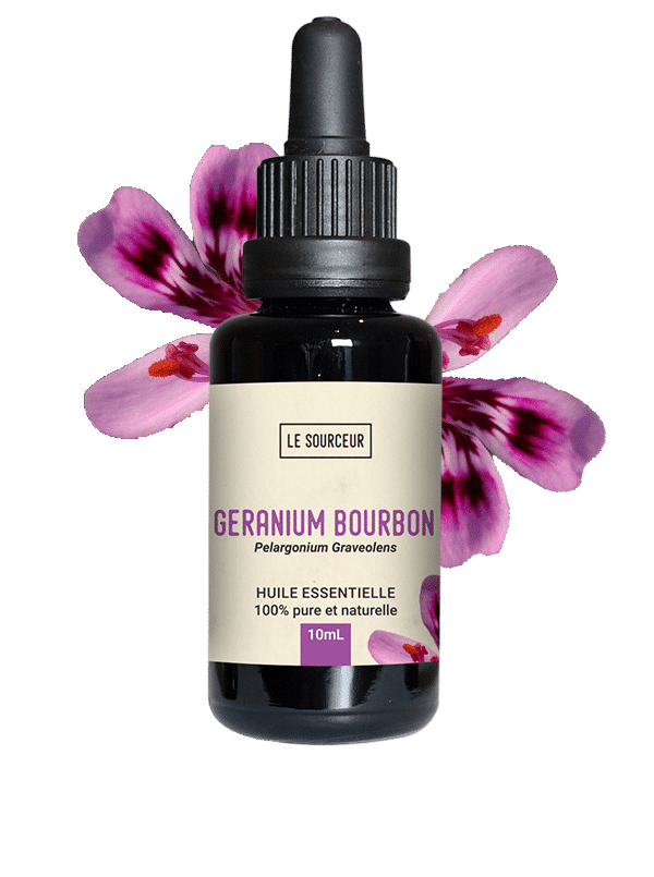 Bottle of essential oil with Bourbon Geranium