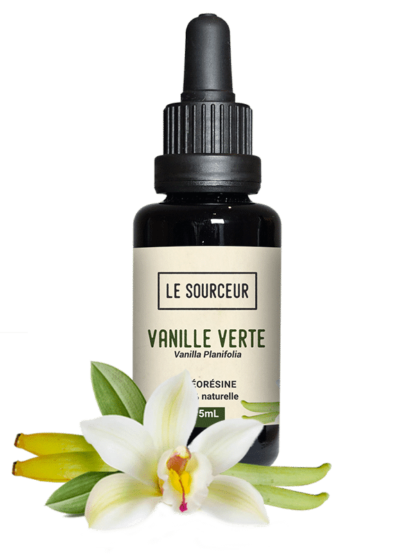 Flacon d'oléorésine de Vanille Verte avec une gousse et sa fleur