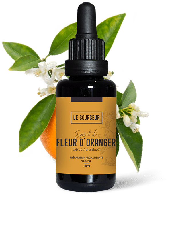 Flacon d'alcoolat ou d'esprit avec de la Fleur d'Oranger